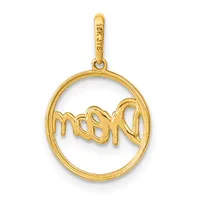 A gold circular pendant with the word "mom" written in script inside the circle, suspended from a gold bail with a small stamped hallmark.