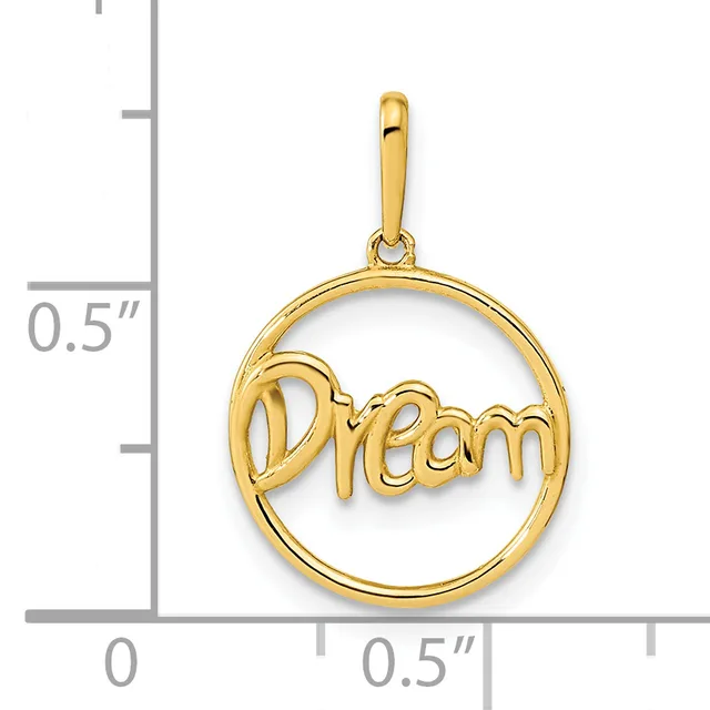 Gold-colored circular pendant with the word "Dream" in script lettering, shown against a measurement scale indicating approximately half an inch in width.