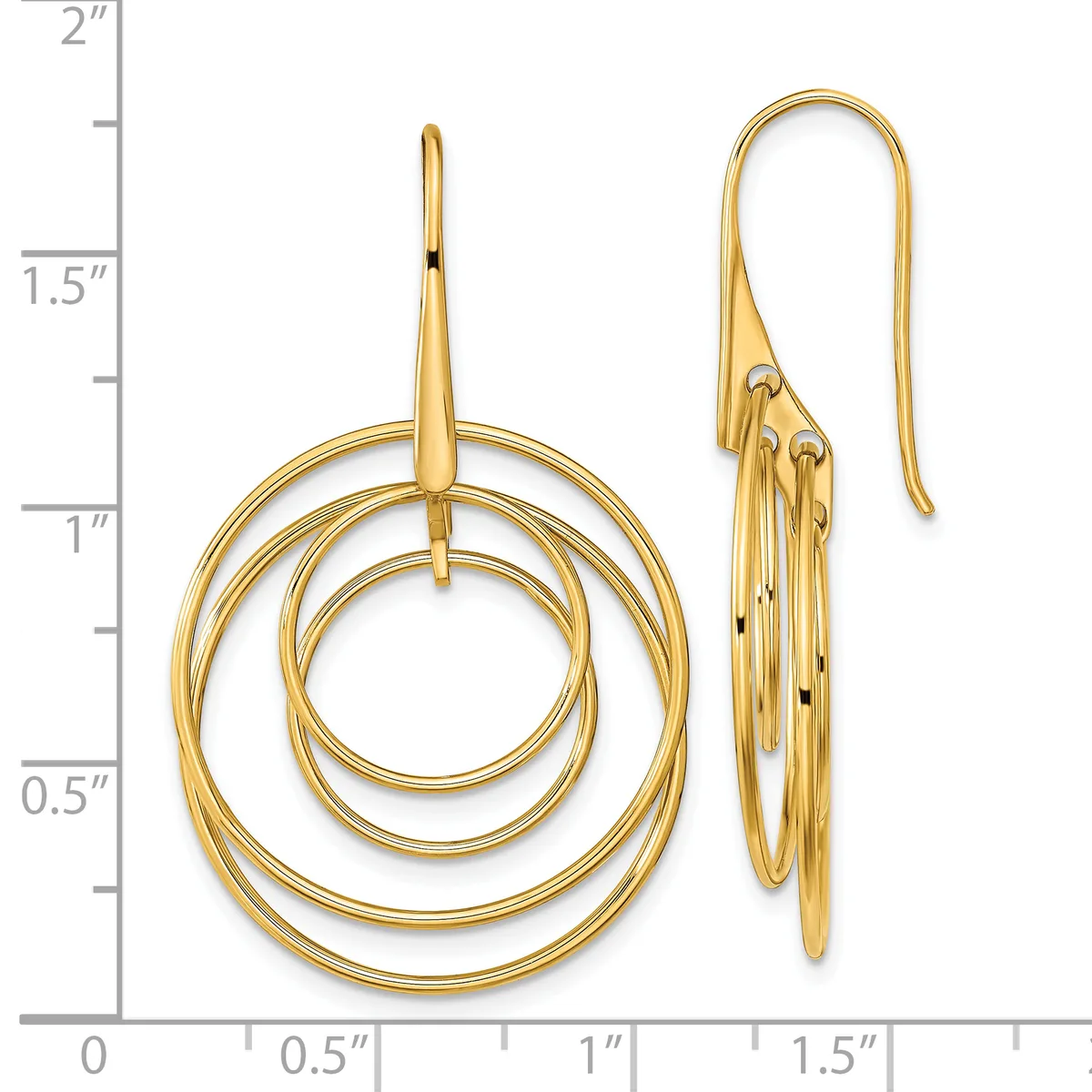 Gold concentric circle earrings with shepherd's hook backs, shown front and side view against a measurement scale.