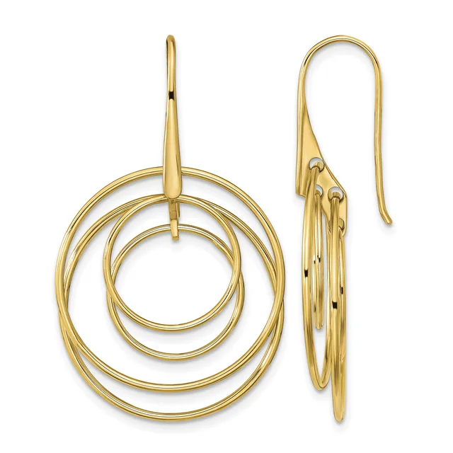 Pair of gold concentric circle drop earrings with ear wires, shown from front and side views.