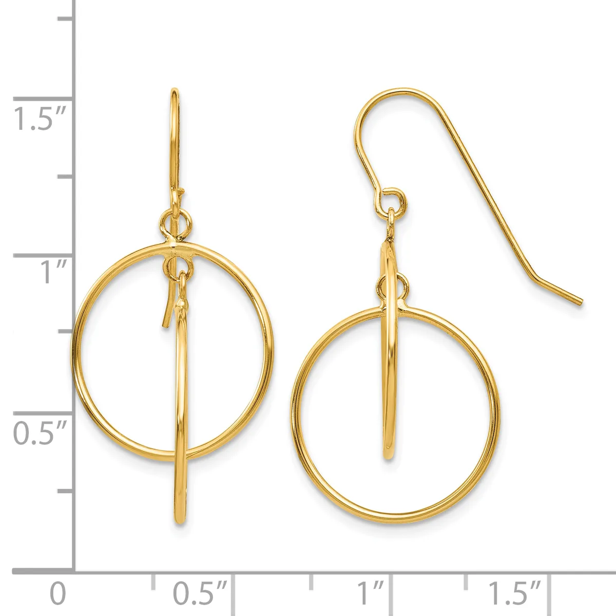Gold-toned circular dangle earrings with vertical bar accents, shown next to a ruler measuring approximately 1.5 inches in total length.