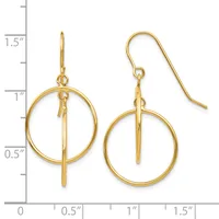 Gold-toned circular dangle earrings with vertical bar accents, shown next to a ruler measuring approximately 1.5 inches in total length.