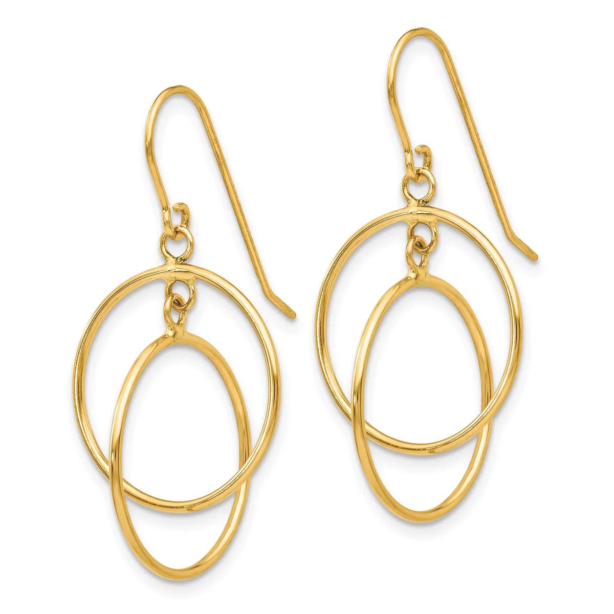 Pair of gold-toned drop earrings with interlocking oval rings suspended from ear wires, displayed against a white background.