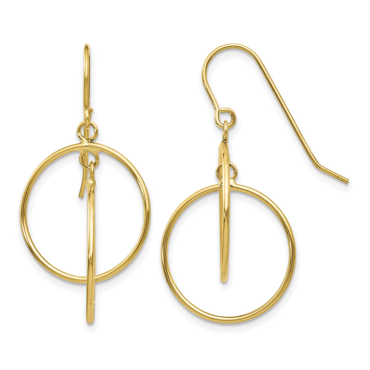 A pair of gold dangle earrings with circular loops and vertical bars suspended through the center, shown from front and side views.