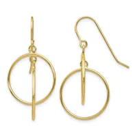 A pair of gold dangle earrings with circular loops and vertical bars suspended through the center, shown from front and side views.