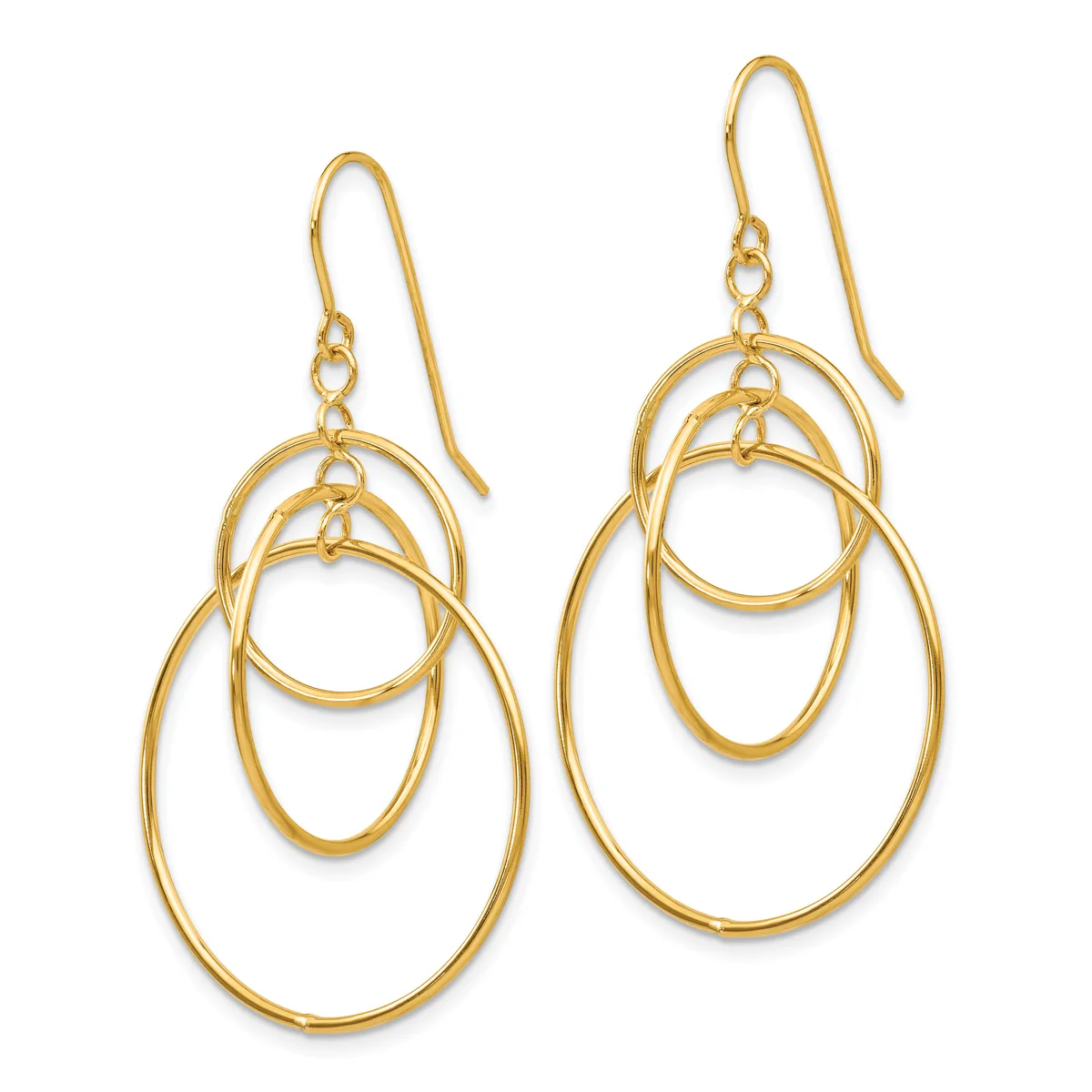 Pair of gold-toned earrings with nested oval rings of decreasing sizes suspended from curved ear wires.