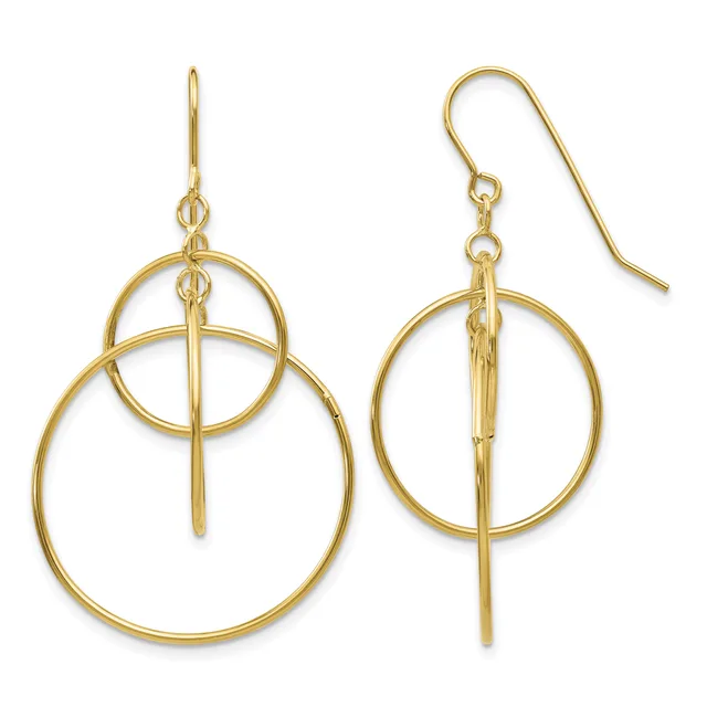 A pair of gold-toned dangle earrings with nested circular rings and vertical bars, suspended from curved ear wires.