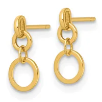 Pair of gold dangle earrings with oval loop studs connected by small rings to larger hollow oval pendants.