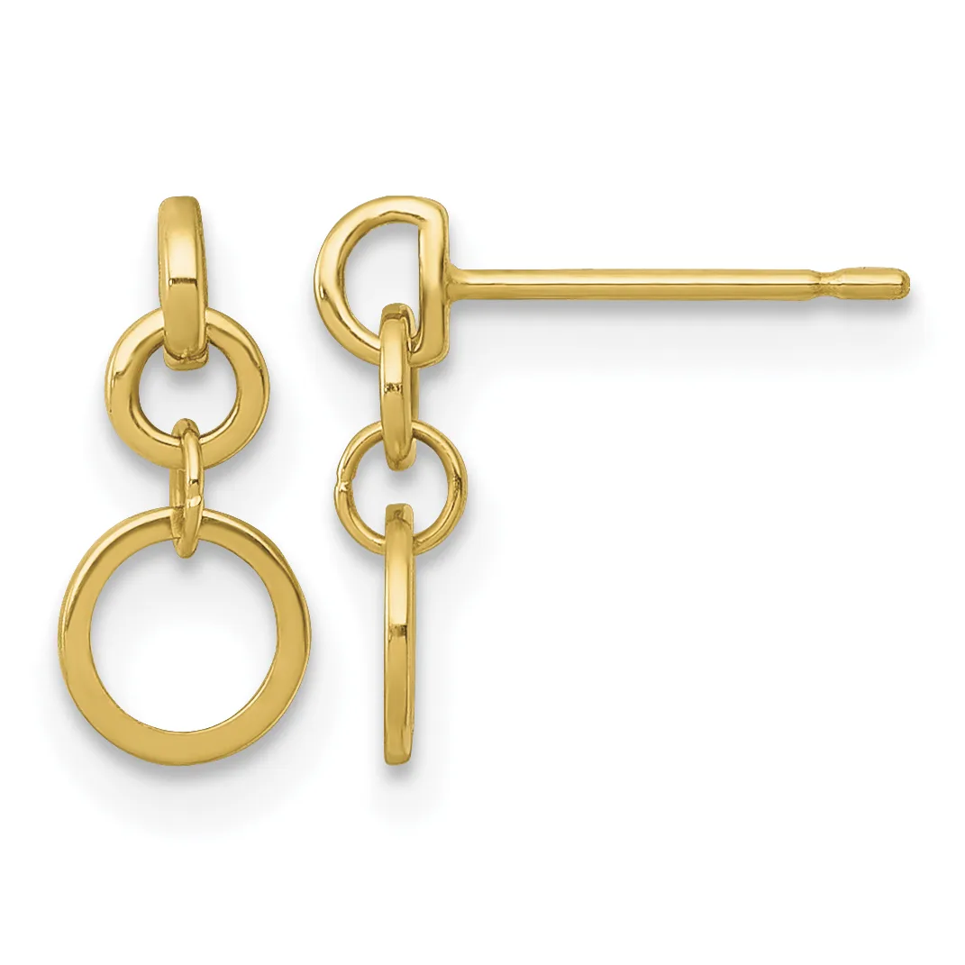 Pair of gold dangle earrings with connected circular links suspended from stud posts, shown from the front view.