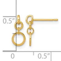 Gold-toned dangle earrings with stacked circular links, shown with a measurement scale indicating 0.5 inches in length.