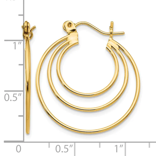 A pair of polished gold triple concentric hoop earrings with posts and backs, displayed next to a measurement scale showing approximately one inch in length.