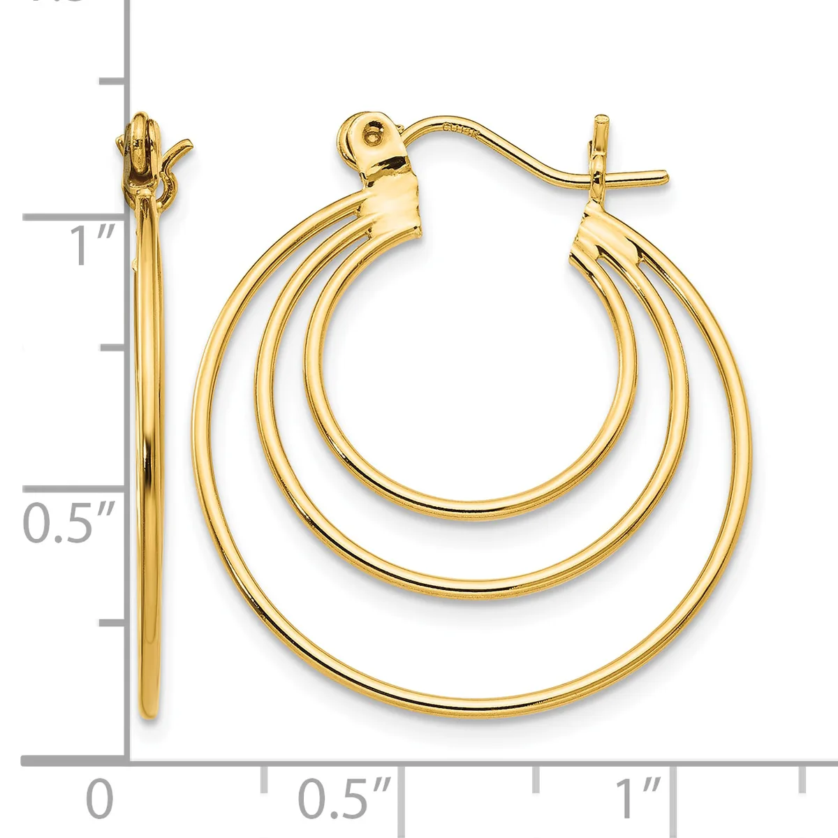 A pair of polished gold triple concentric hoop earrings with posts and backs, displayed next to a measurement scale showing approximately one inch in length.