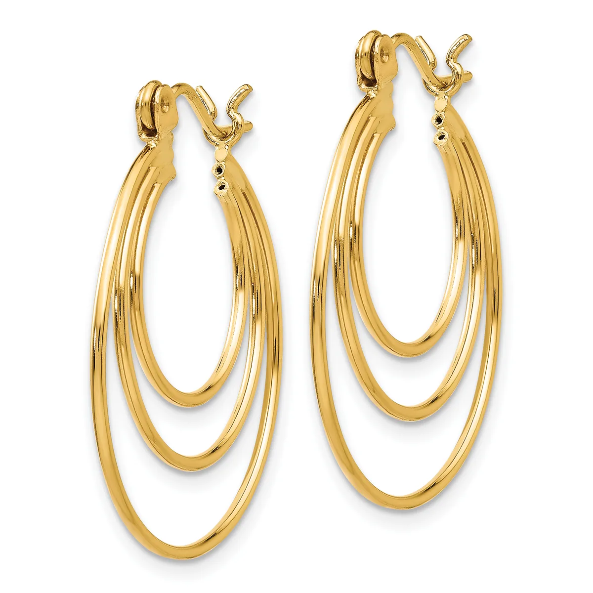 A pair of gold triple-loop hoop earrings with hook closures, shown against a white background.
