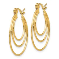 A pair of gold triple-loop hoop earrings with hook closures, shown against a white background.