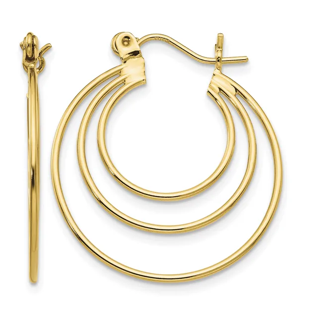 Pair of gold hoop earrings with triple nested concentric rings and matching post earring with polished finish.