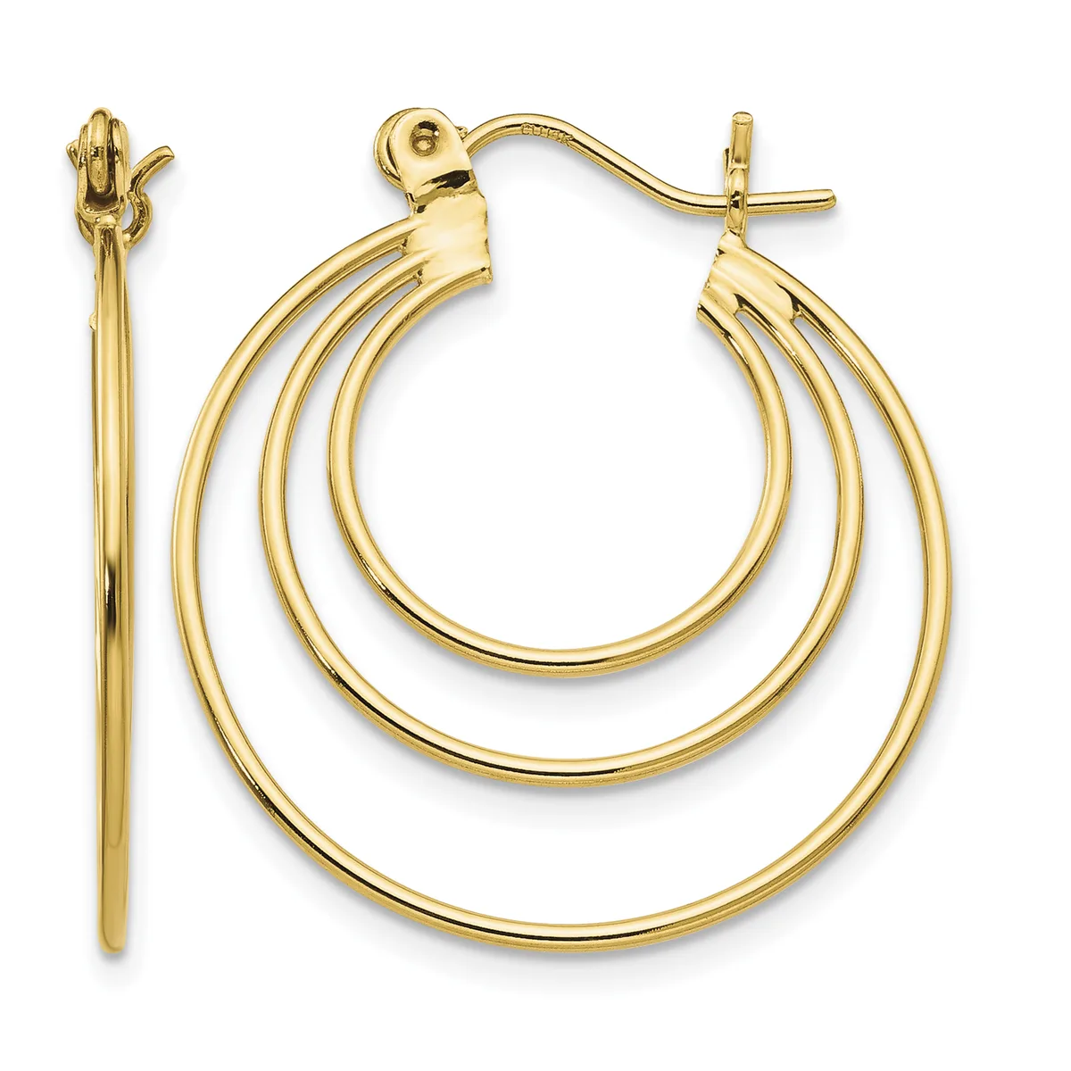 Pair of gold hoop earrings with triple nested concentric rings and matching post earring with polished finish.