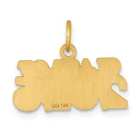 A gold charm in an abstract shape with a looped bail at the top and a small stamped hallmark on the surface.
