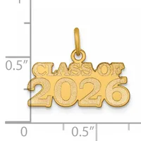 Gold pendant charm reading "CLASS OF 2026" with a measurement scale showing it is approximately half an inch tall and wide.
