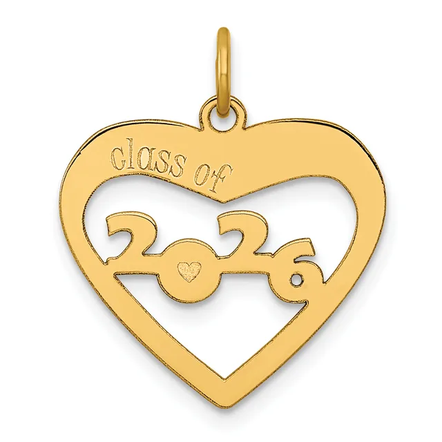 Gold heart-shaped pendant with "class of 2022" text and a small heart cutout in the center, suspended from a loop bail.