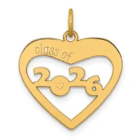 Gold heart-shaped pendant with "class of 2022" text and a small heart cutout in the center, suspended from a loop bail.