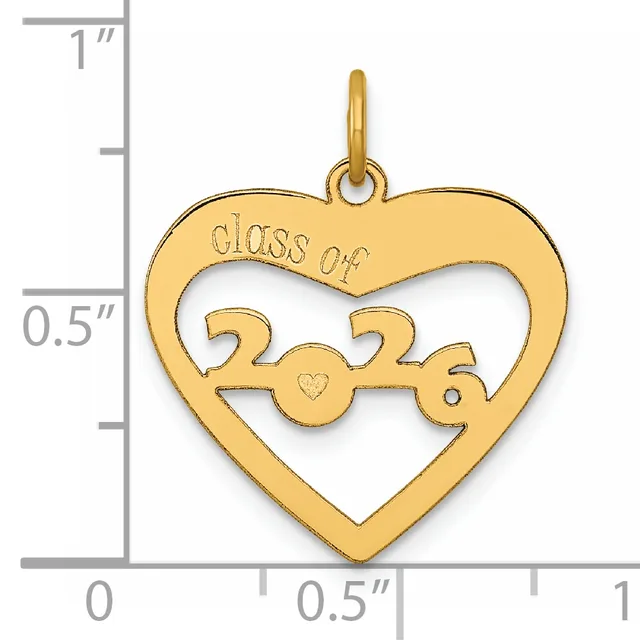 Gold-colored heart-shaped pendant with "class of 2025" text and a small heart detail, shown against a ruler measuring approximately one inch tall.