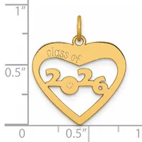 Gold-colored heart-shaped pendant with "class of 2025" text and a small heart detail, shown against a ruler measuring approximately one inch tall.