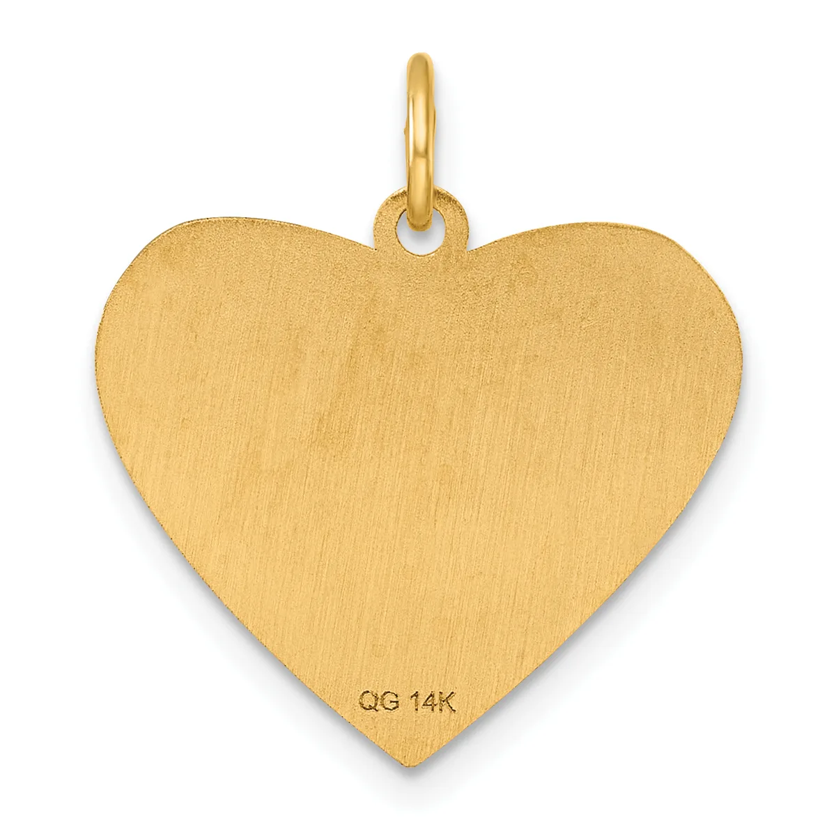 A polished gold heart-shaped pendant with a smooth brushed finish and a small stamped hallmark on the lower front, suspended from a gold bail loop.