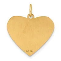 A polished gold heart-shaped pendant with a smooth brushed finish and a small stamped hallmark on the lower front, suspended from a gold bail loop.