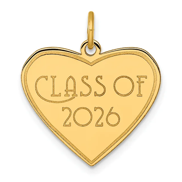 A gold heart-shaped pendant with "CLASS OF 2026" engraved on its surface, suspended from a small gold loop.