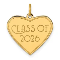 A gold heart-shaped pendant with "CLASS OF 2026" engraved on its surface, suspended from a small gold loop.