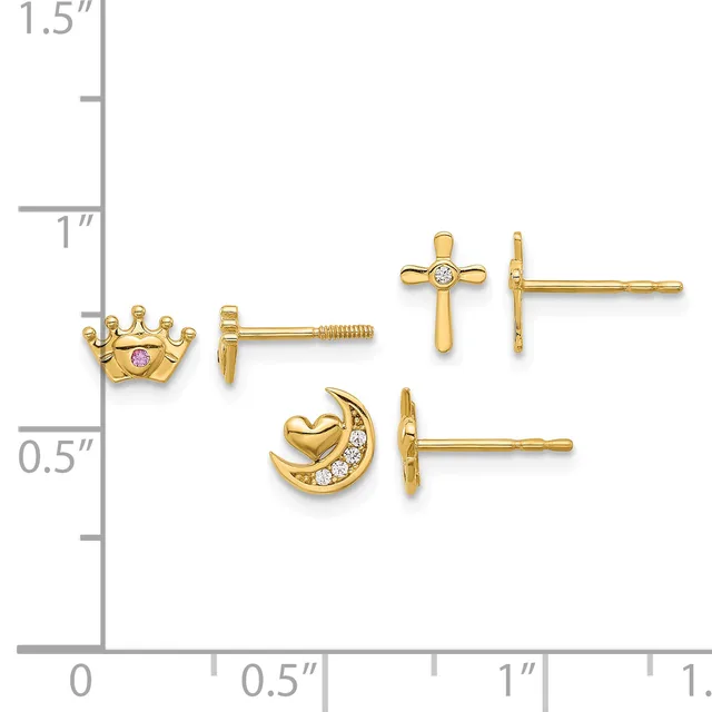 Three pairs of gold stud earrings displayed against a measurement scale: a crown with purple stone, a cross with clear stone, and a crescent moon with heart and clear stones.