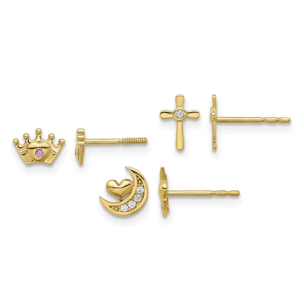 Three pairs of gold stud earrings displayed: a crown with a purple stone, a cross with a clear stone, and a crescent moon with a heart and clear stones.