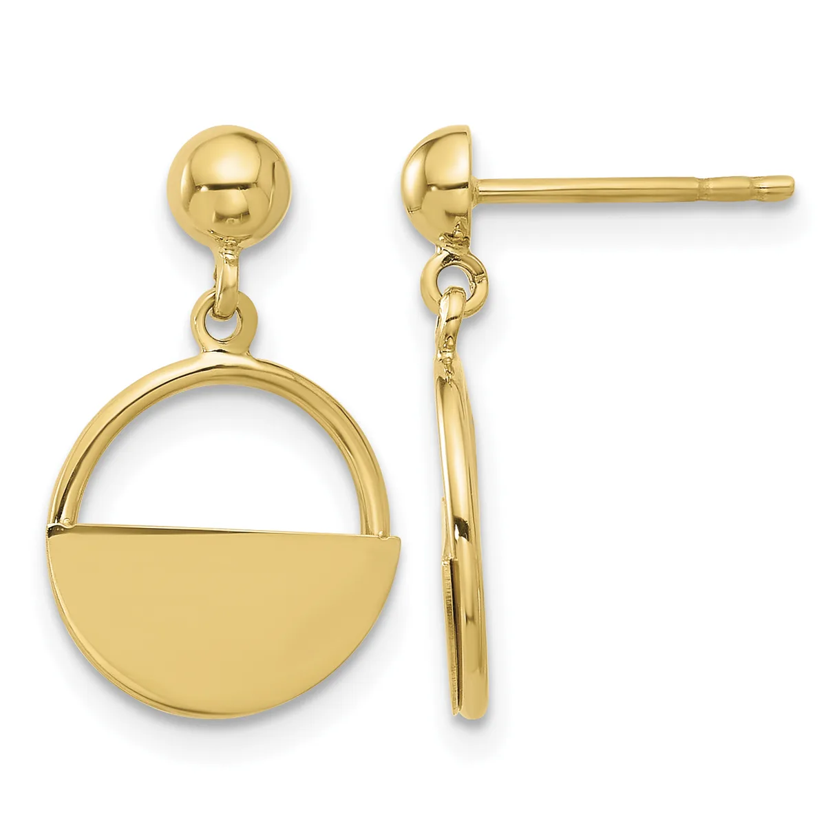 Pair of gold drop earrings with a ball post and circular pendant half-filled with solid metal, shown from front and side views.