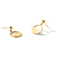 A pair of gold-plated dangle earrings with ball studs and circular disc charms, shown from two angles against a white background.