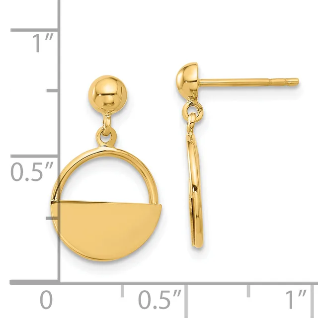 Gold dangle earrings with a polished ball post and a geometric pendant consisting of a semicircle outline above a solid semicircle, shown next to a measurement ruler.