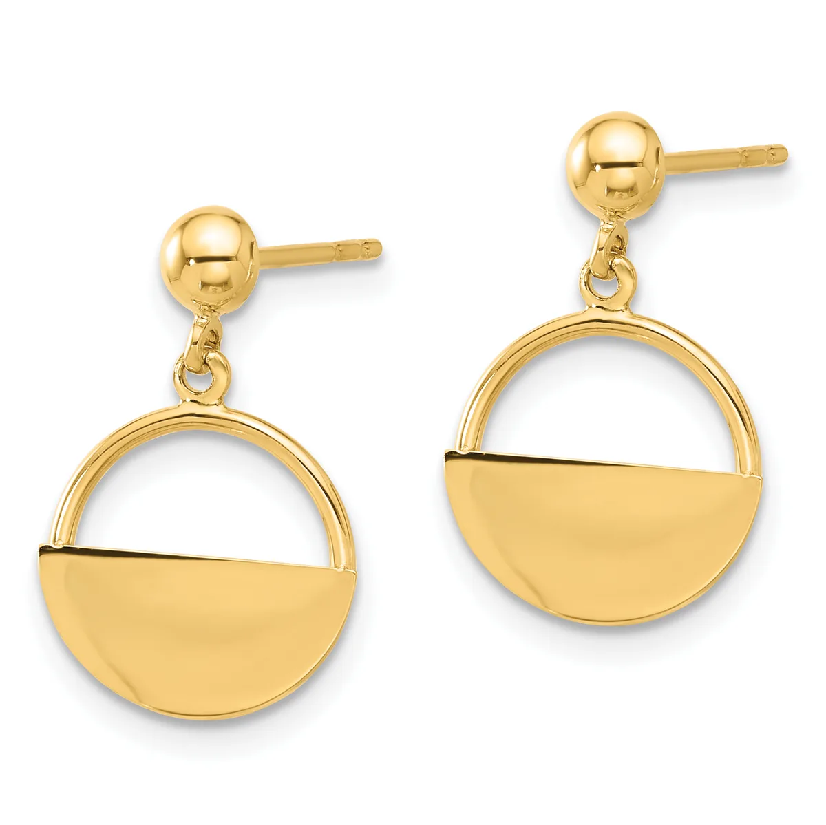 A pair of gold dangle earrings with ball studs and circular designs featuring a semicircular gold plate overlapping each circle.