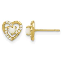 Pair of gold heart-shaped stud earrings with diamond accents around the outline and a mother-of-pearl center, shown from front and side views.