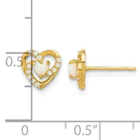 Gold heart-shaped stud earrings with white opal centers surrounded by small diamonds, shown from front and side views with a measurement scale.