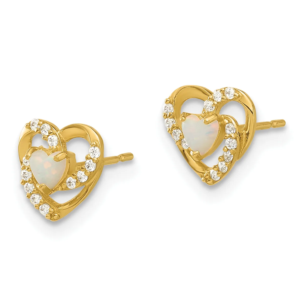 A pair of gold heart-shaped stud earrings with opal centers surrounded by cubic zirconia, displayed against a white background.