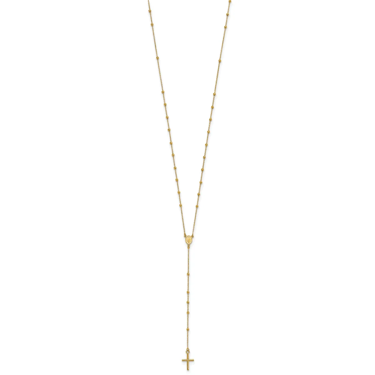 Gold-toned lariat necklace with beaded chain segments and a small cross pendant hanging from the bottom.