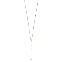 Gold-toned lariat necklace with beaded chain segments and a small cross pendant hanging from the bottom.