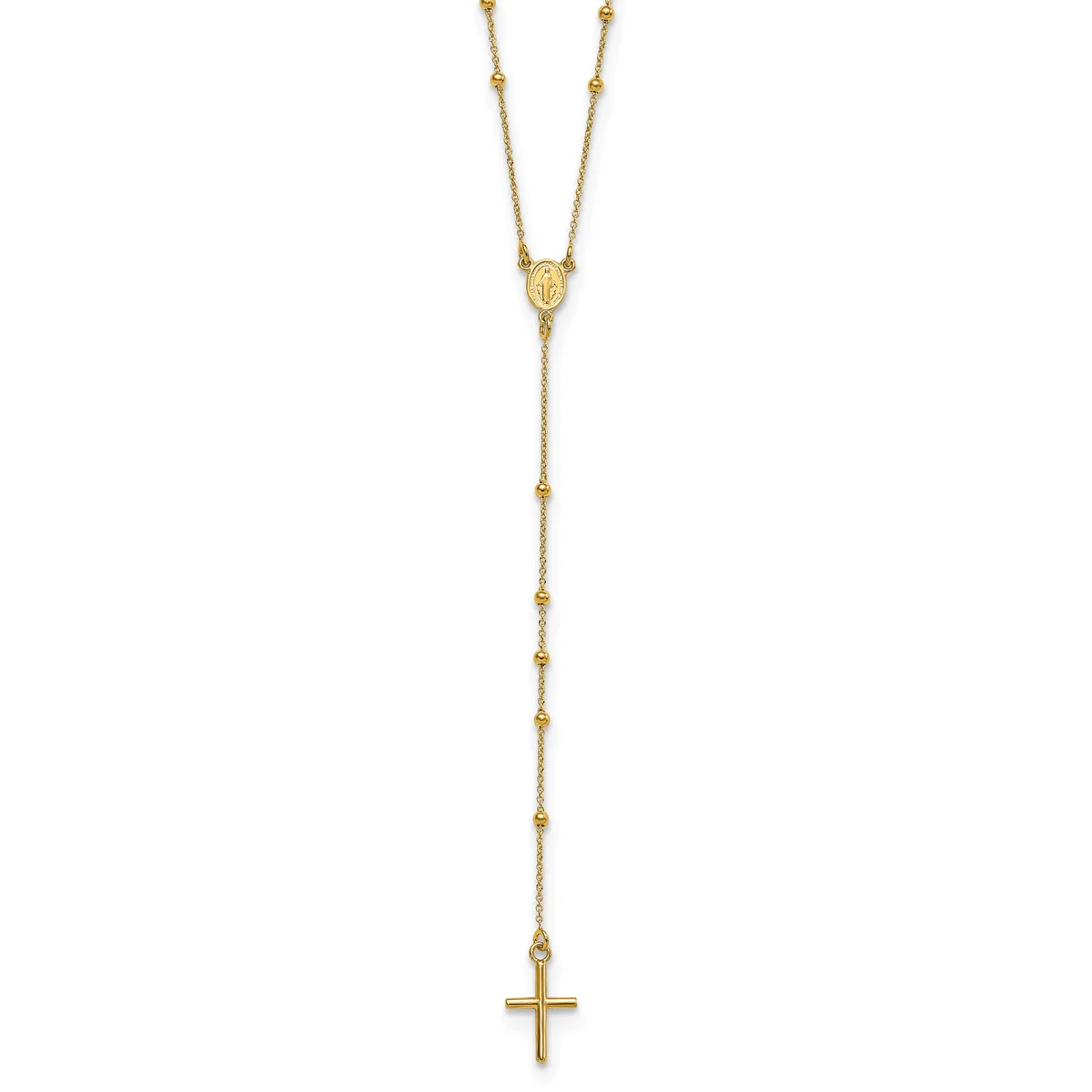 Gold-toned lariat necklace with beaded chain segments and a small oval medallion at the center, terminating in a cross pendant.