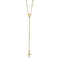 Gold-toned lariat necklace with beaded chain segments and a small oval medallion at the center, terminating in a cross pendant.