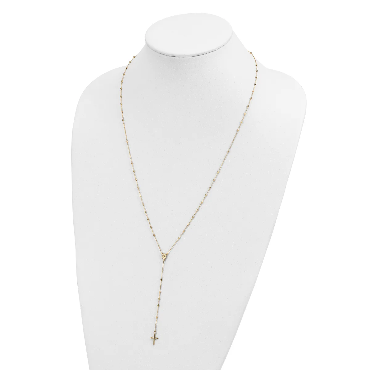 Gold-toned beaded chain necklace with a small cross pendant displayed on a white bust form.