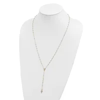 Gold-toned beaded chain necklace with a small cross pendant displayed on a white bust form.