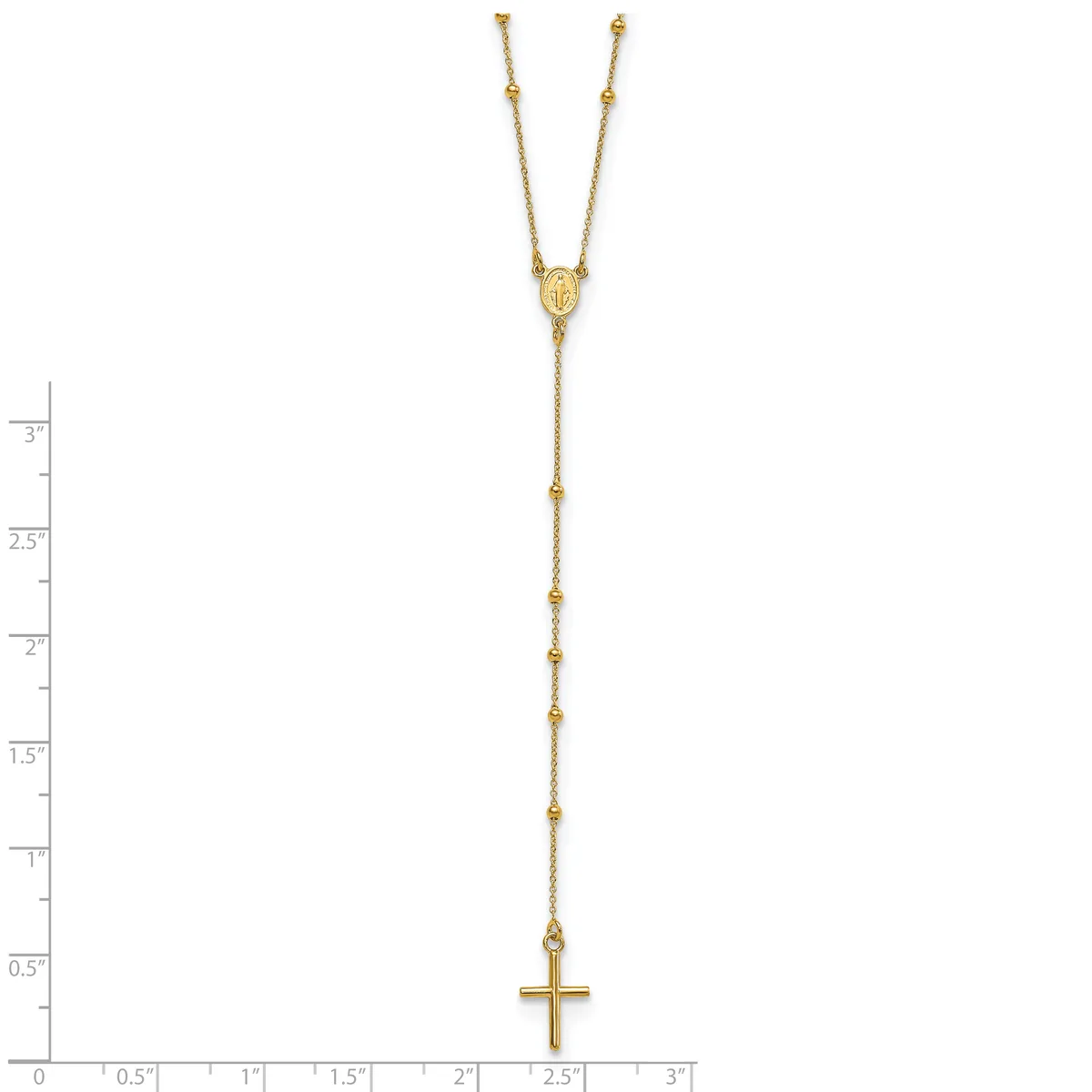 Gold-toned lariat necklace with a small cross pendant at the bottom and decorative beads spaced along the chain, displayed against a white background with a ruler showing measurements up to three inches.