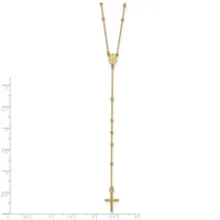 Gold-toned lariat necklace with a small cross pendant at the bottom and decorative beads spaced along the chain, displayed against a white background with a ruler showing measurements up to three inches.