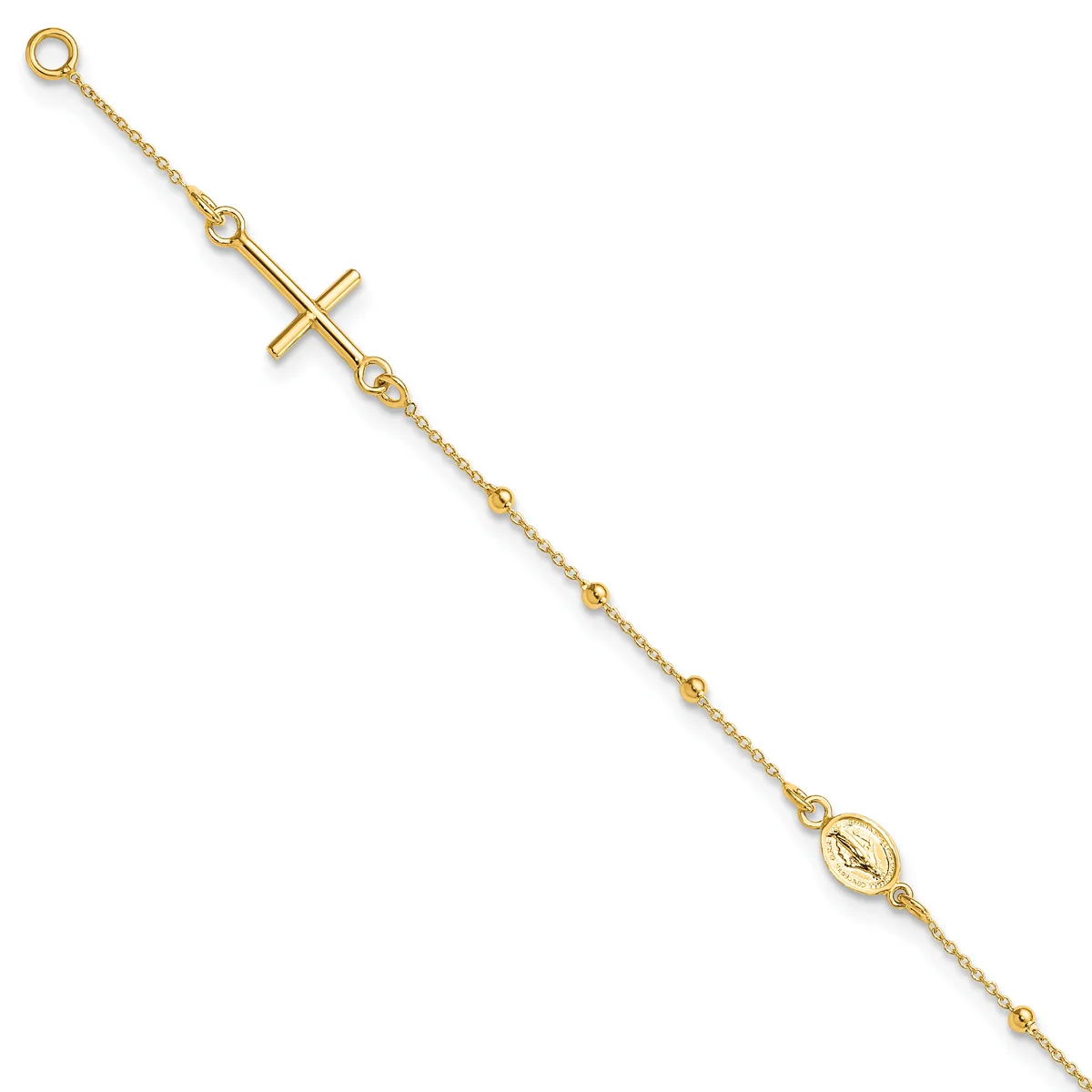 Gold-toned bracelet with a cross pendant and oval religious medal charm, connected by a delicate chain with small spherical beads.