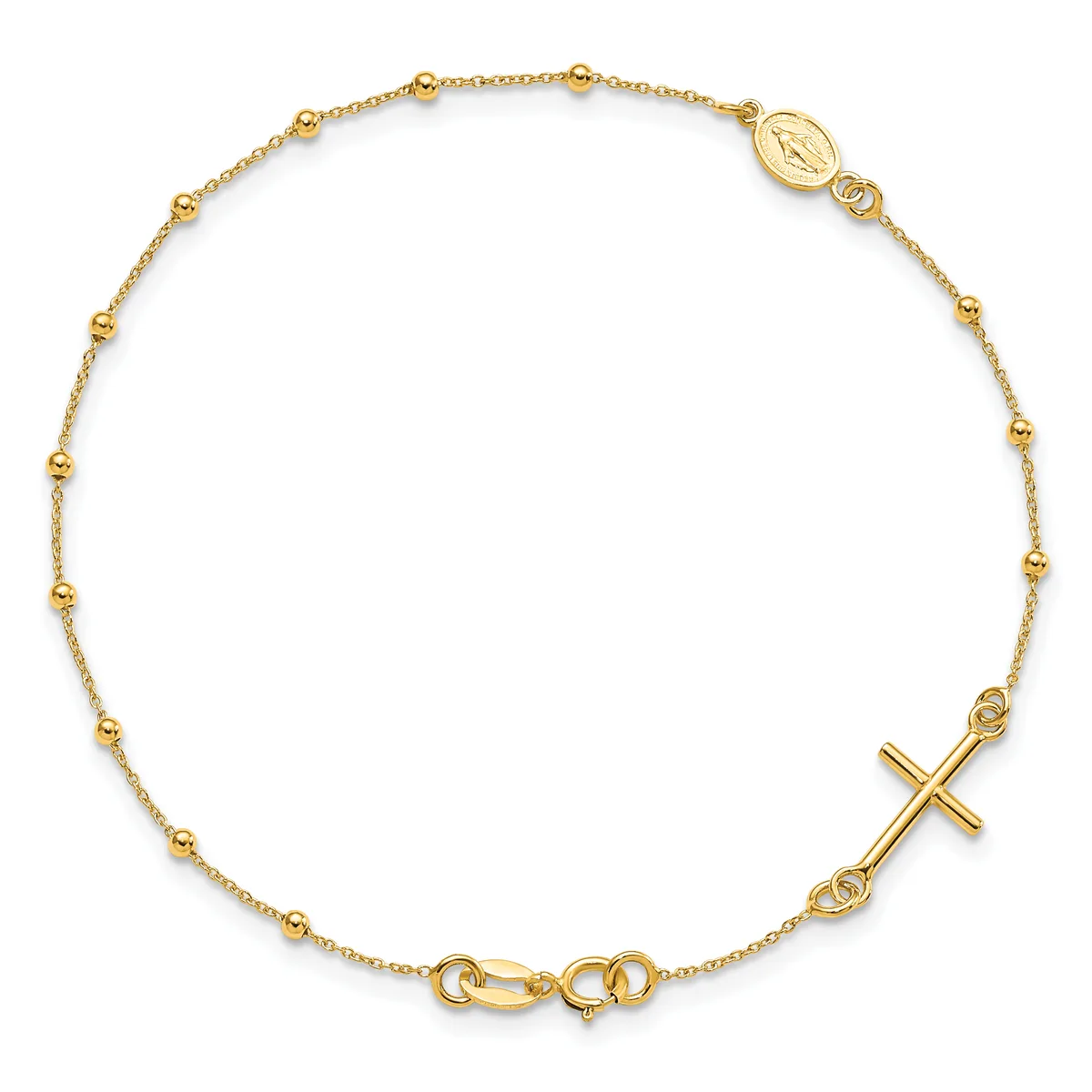 Gold-toned beaded chain bracelet with a cross pendant and a small oval religious medallion charm, displayed on a white background.