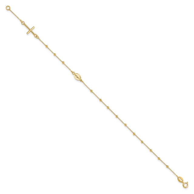 A gold-toned delicate chain bracelet with a small cross charm and oval bead accent, featuring a circular loop clasp at each end.